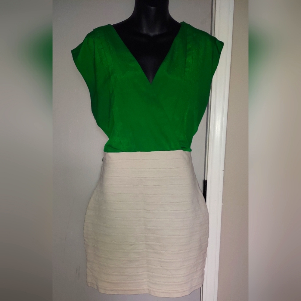 Express Beige and Green Body Con Dress
